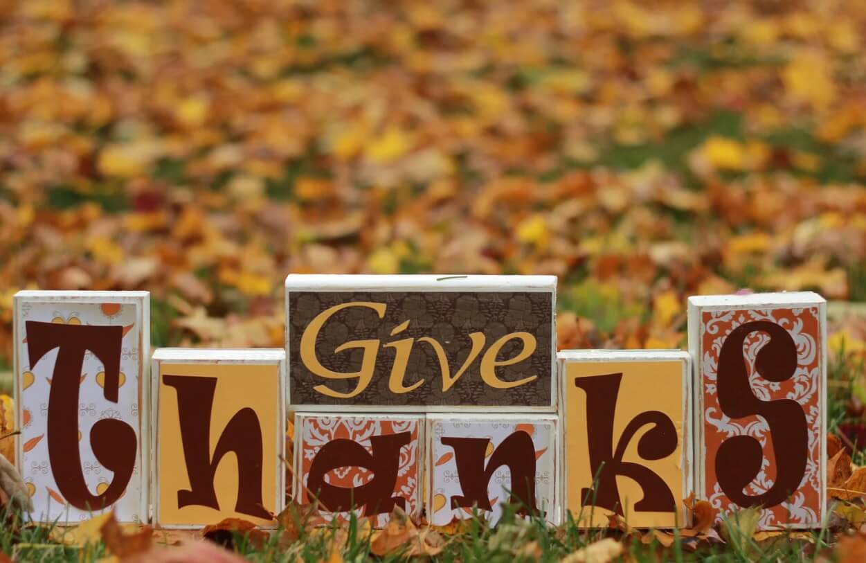 Autumn leaves with Give Thanks sign blocks, Segway Navimow yard