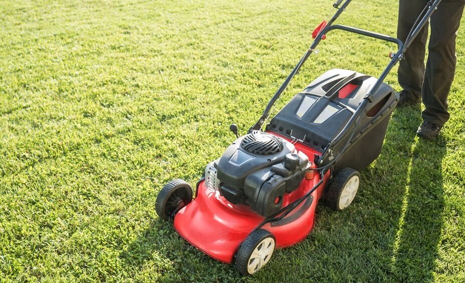 Person mowing lawn with red Segway Navimow mower on grass
