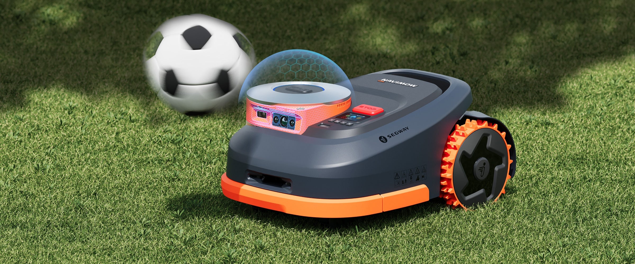 Segway Navimow H2 robot lawn mower avoids a soccer ball.