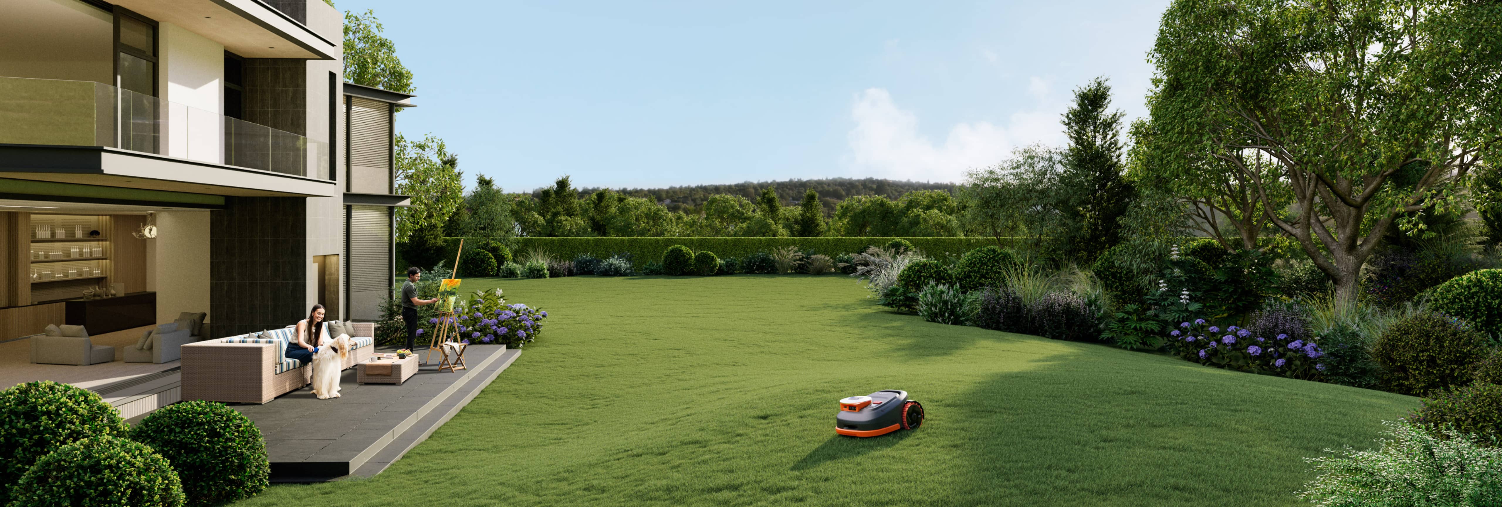 Navimow i110E robot lawn mower mows the beautiful green garden.