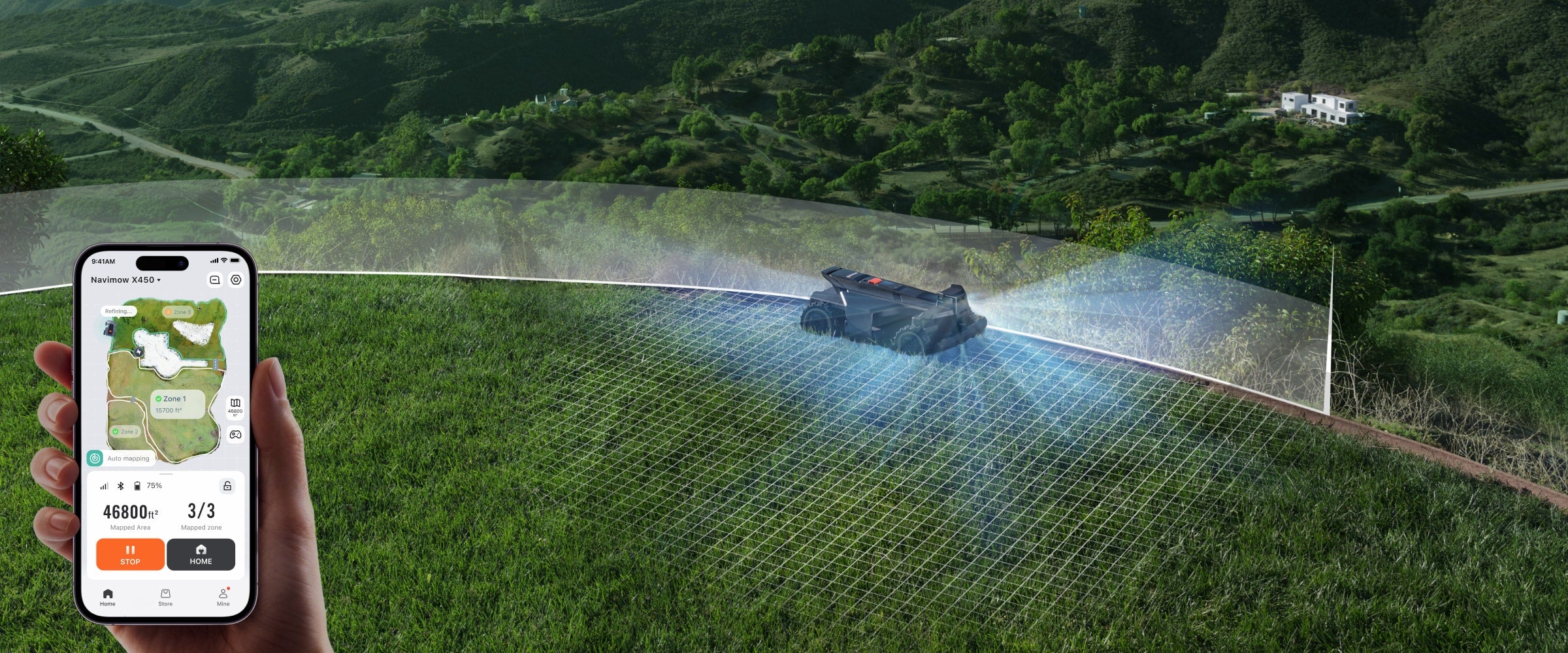 Navimow X4 robot lawn mower is mapping a green yard.