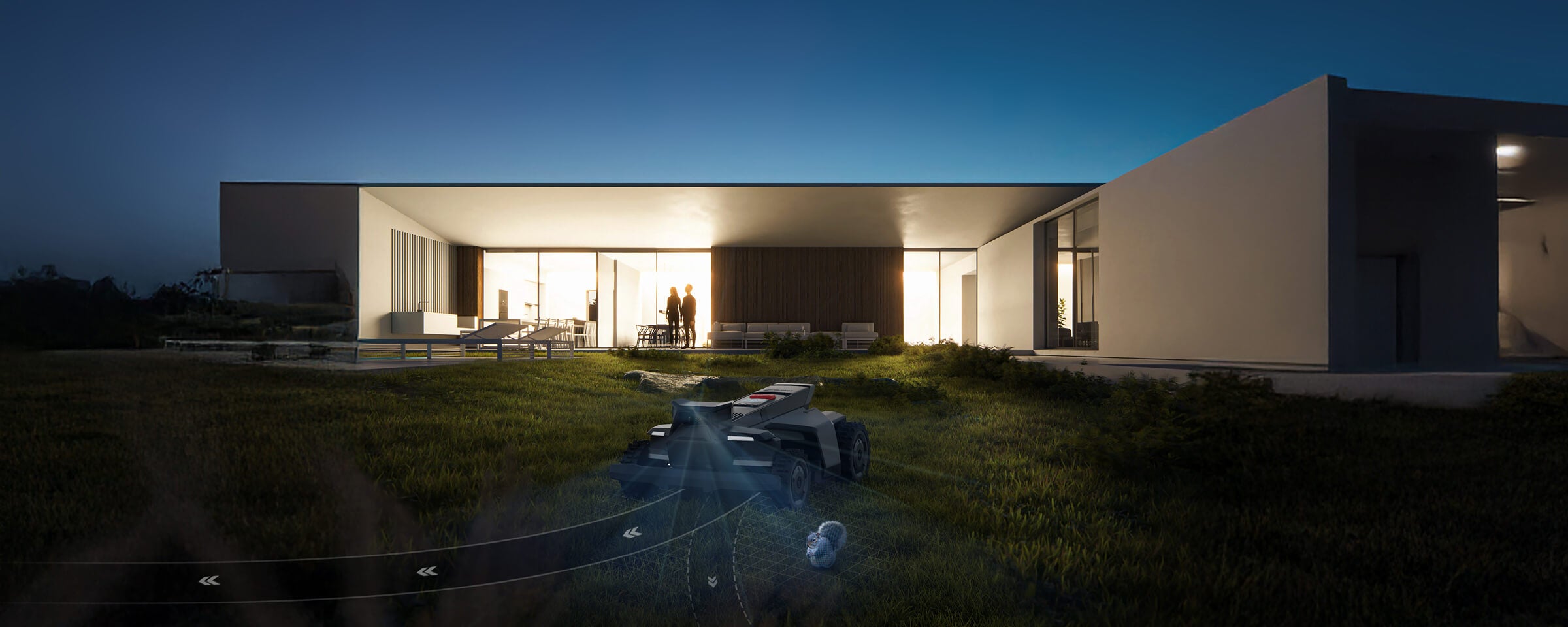 Navimow X4 robot lawn mower mows grass at modern home.