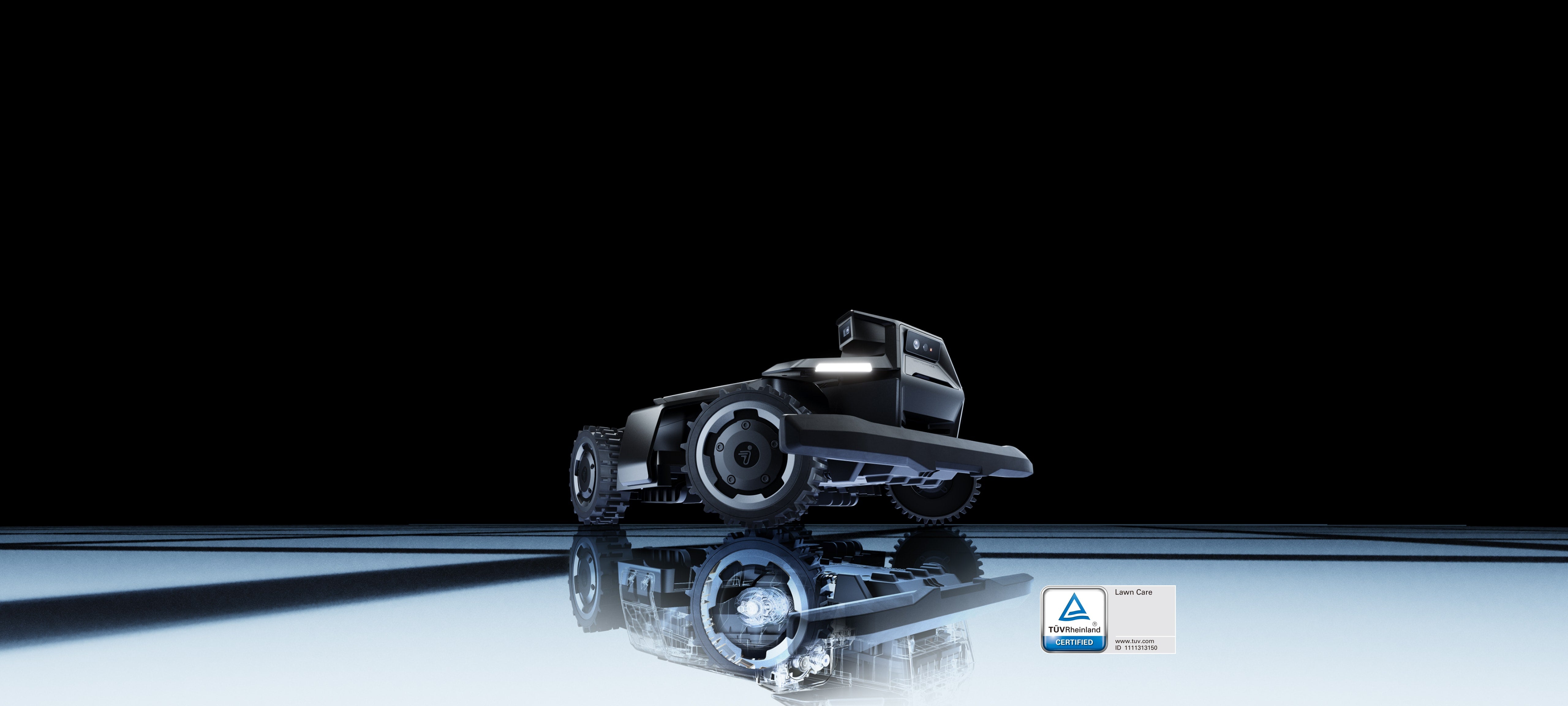 Segway Navimow X4 robot lawn mower on a dark floor.