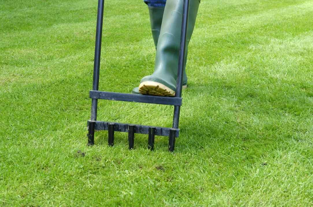Person aerating lawn with tool, Segway Navimow series focus