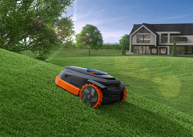 lawn mowing robot on a slope