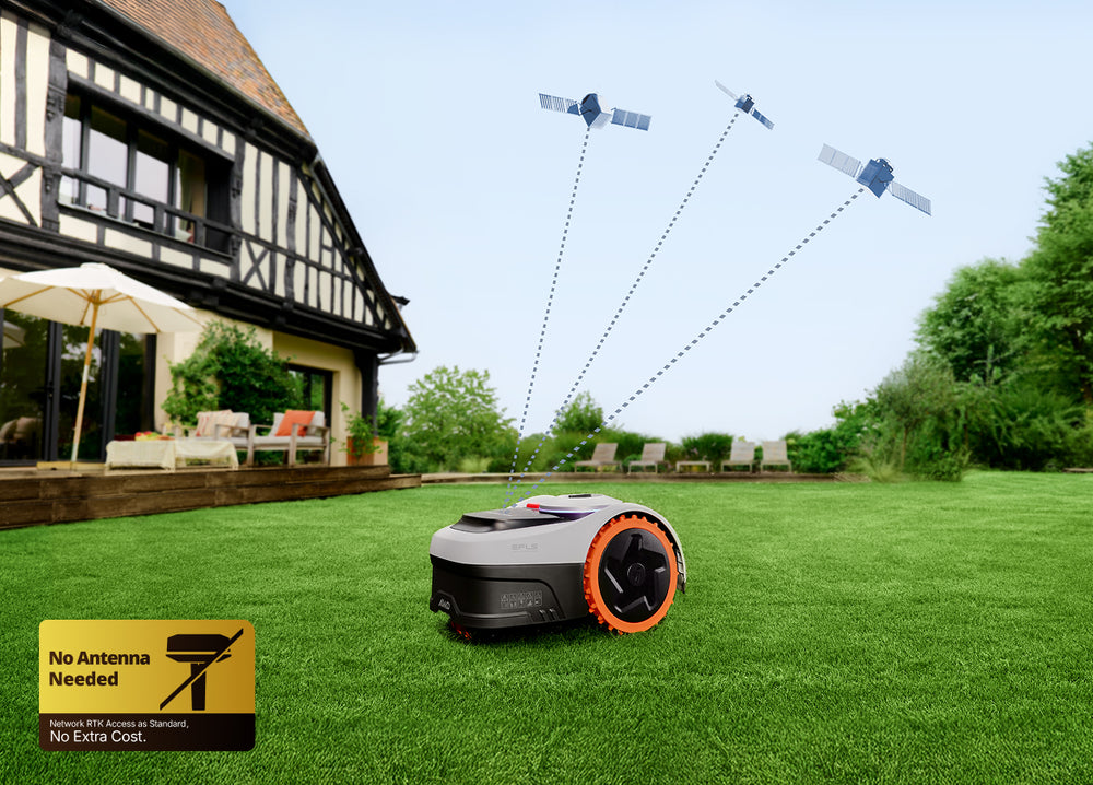 Segway Navimow i105E robot lawn mower mows a large backyard.