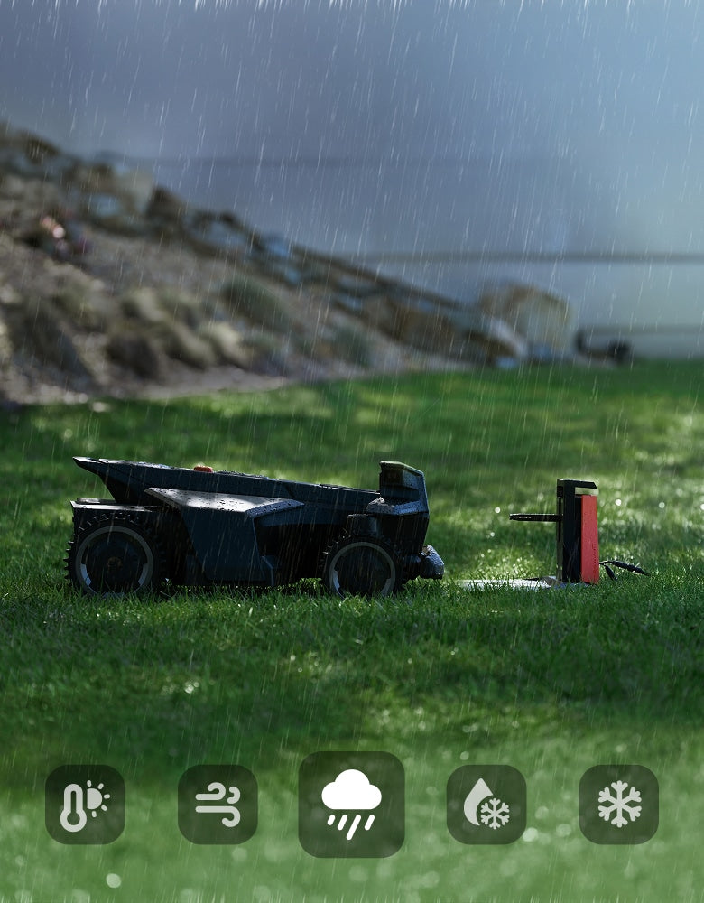 Segway Navimow i105E robot lawn mower is working in rain.