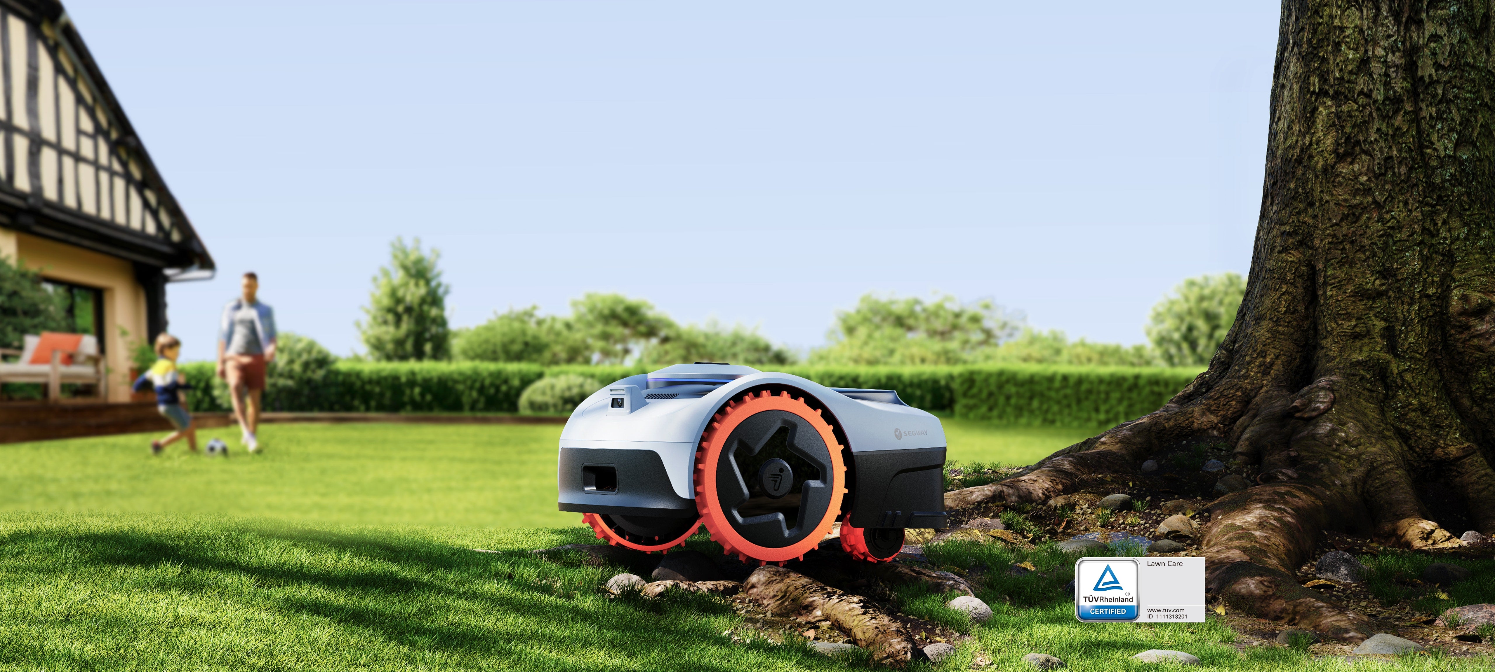 Navimow i2 AWD mowing near tree roots in a yard.