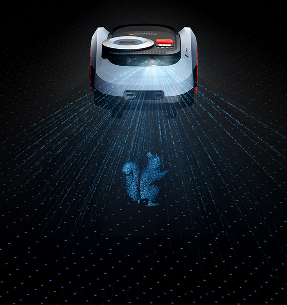 Segway Navimow robot lawn mower scans garden for a squirrel.