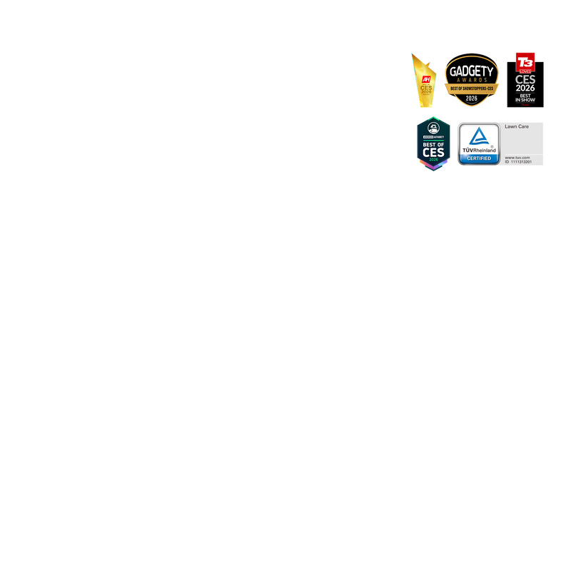 Navimow i2 AWD certification and award icons on black background.