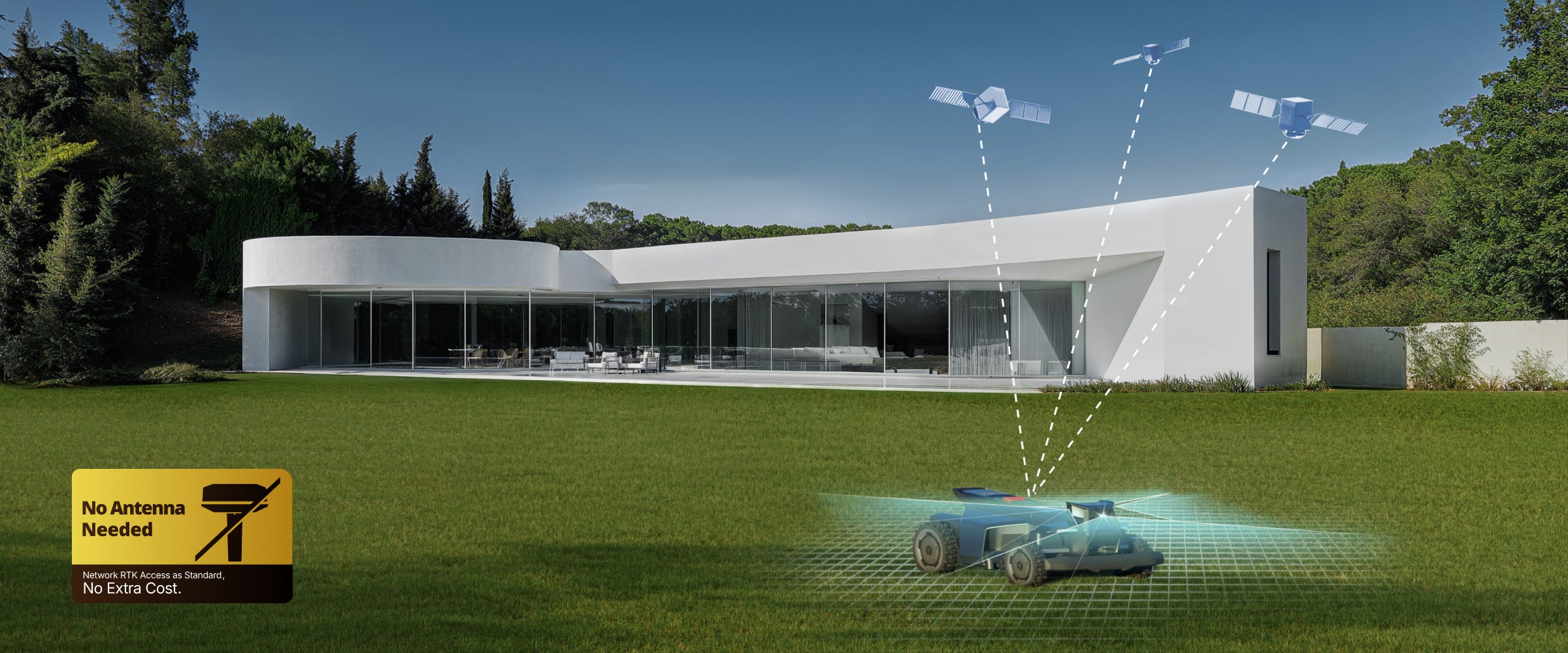 <p><strong>No Antennas. No Hassle.</strong> Navimow utilizes Network RTK services, completely eliminating the need to install an ugly physical antenna in your yard. Just one tap, and you’re ready to mow.</p>