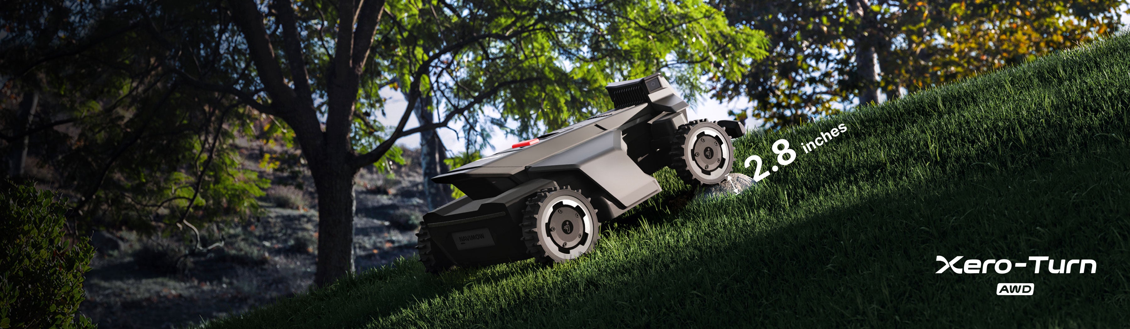 Navimow Xero-Turn robot lawn mower on a grassy slope.