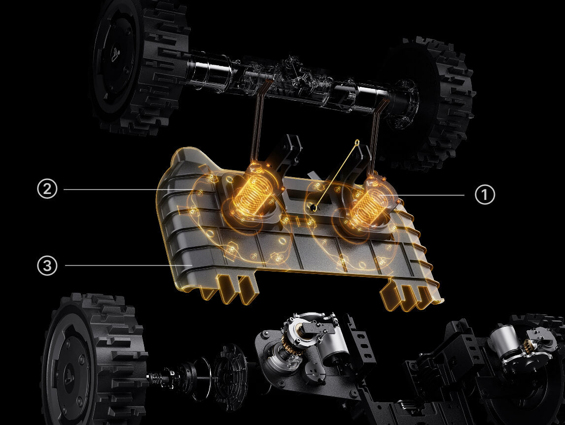 Navimow X4 robot lawn mower with its detailed internal suspension.